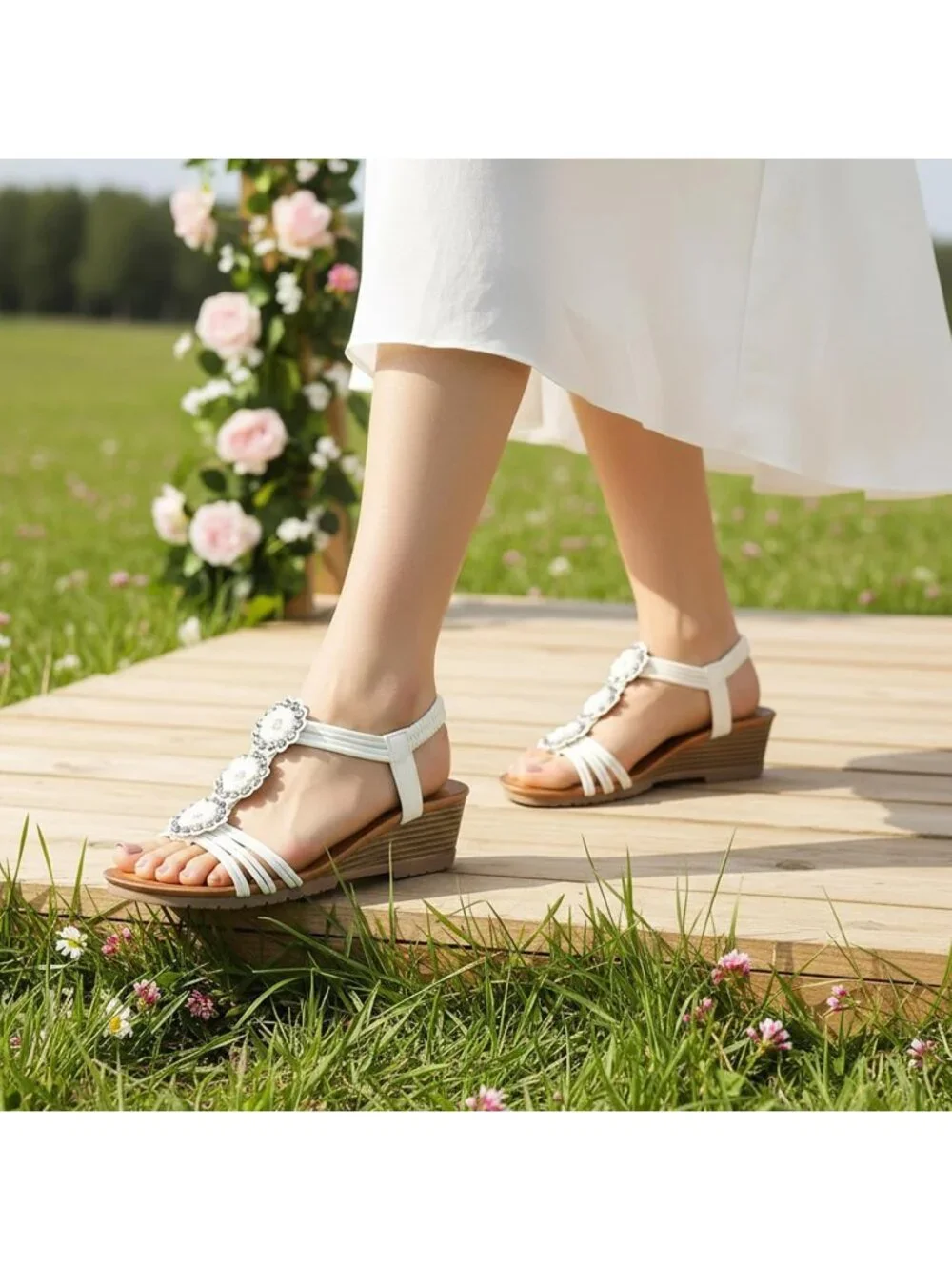 Women's White Floral Rhinestone Elastic Slingback Low Wedge Heel Sandals Shoes